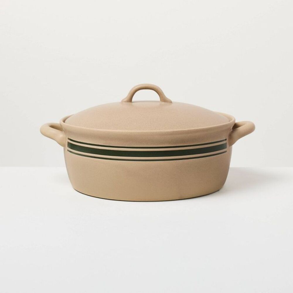112oz Round Stoneware Bakeware Green Stripe - Hearth & Hand with Magnolia